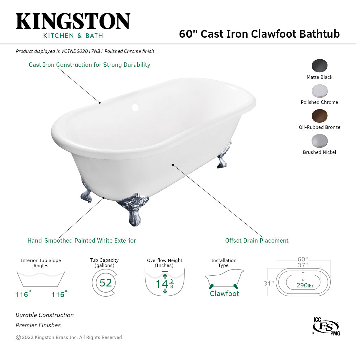 Aqua Eden VCTND603017NB1 60-Inch Cast Iron Double Ended Clawfoot Tub (No Faucet Drillings), White/Polished Chrome