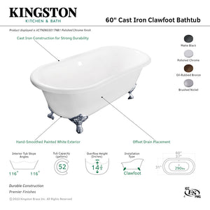 Aqua Eden VCTND603017NB8 60-Inch Cast Iron Double Ended Clawfoot Tub (No Faucet Drillings), White/Brushed Nickel