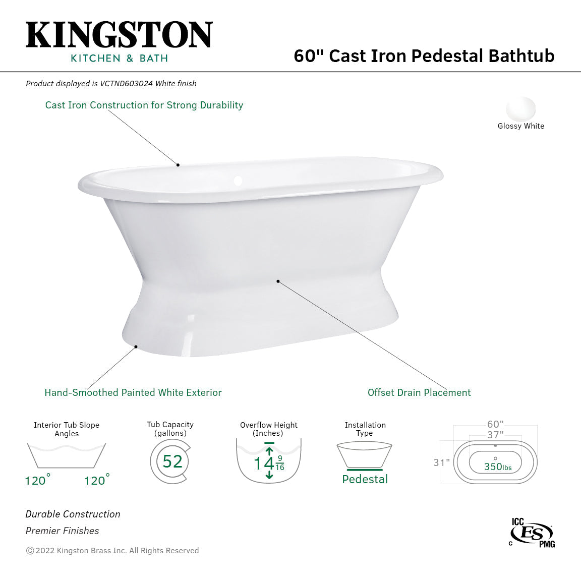 Aqua Eden VCTND603024 60-Inch Cast Iron Double Ended Pedestal Tub (No Faucet Drillings), White