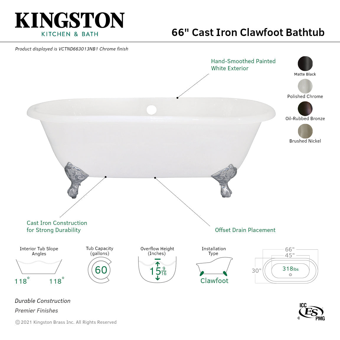 Aqua Eden VCTND663013NB0 66-Inch Cast Iron Double Ended Clawfoot Tub (No Faucet Drillings), White/Matte Black
