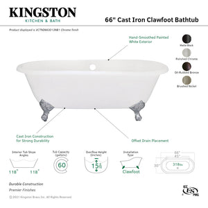 Aqua Eden VCTND663013NB1 66-Inch Cast Iron Double Ended Clawfoot Tub (No Faucet Drillings), White/Polished Chrome
