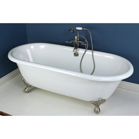 Aqua Eden VCTND663013NB8 66-Inch Cast Iron Double Ended Clawfoot Tub (No Faucet Drillings), White/Brushed Nickel