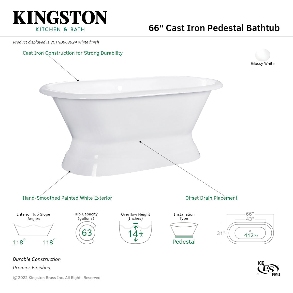 Aqua Eden VCTND663024 66-Inch Cast Iron Double Ended Pedestal Tub (No Faucet Drillings), White