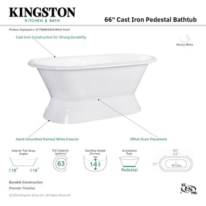 Aqua Eden VCTND663024 66-Inch Cast Iron Double Ended Pedestal Tub (No Faucet Drillings), White