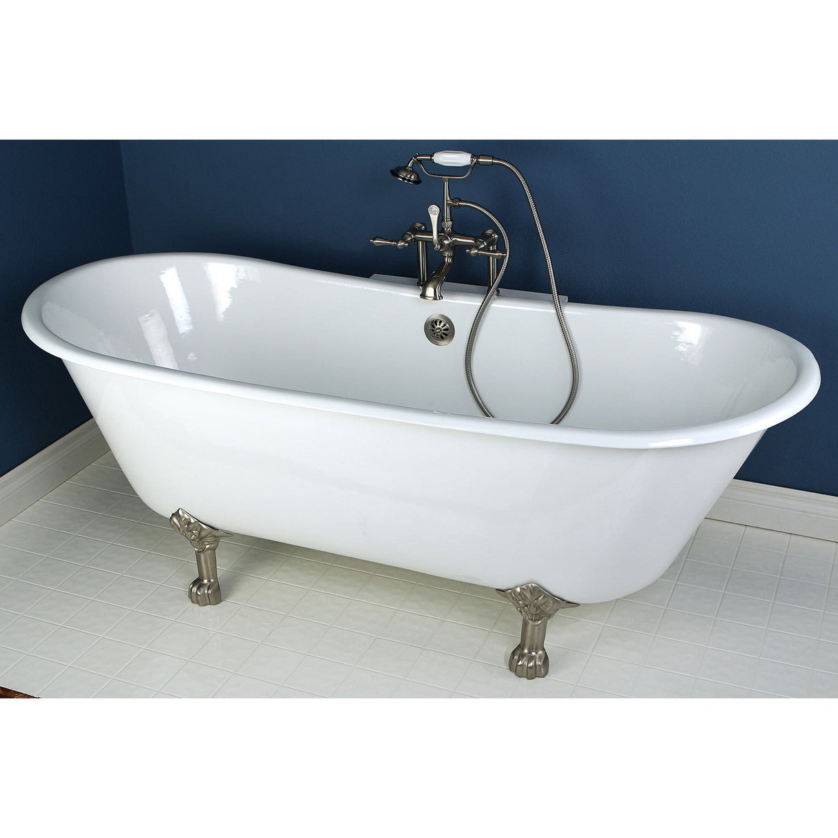 Aqua Eden VCTND6728NH8 67-Inch Cast Iron Double Slipper Clawfoot Tub (No Faucet Drillings), White/Brushed Nickel