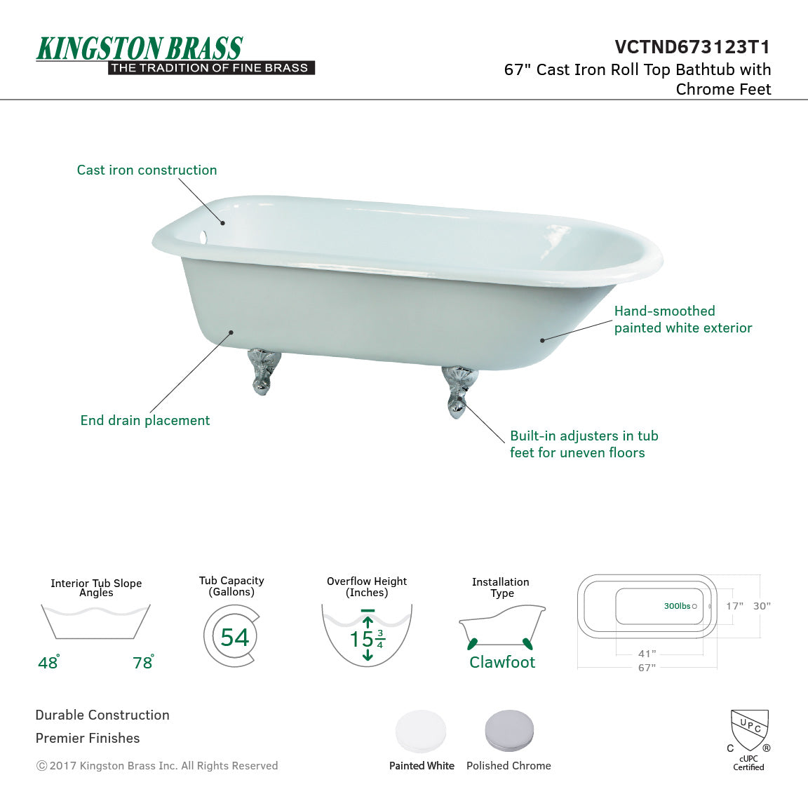 Aqua Eden VCTND673123T1 66-Inch Cast Iron Roll Top Clawfoot Tub (No Faucet Drillings), White/Polished Chrome