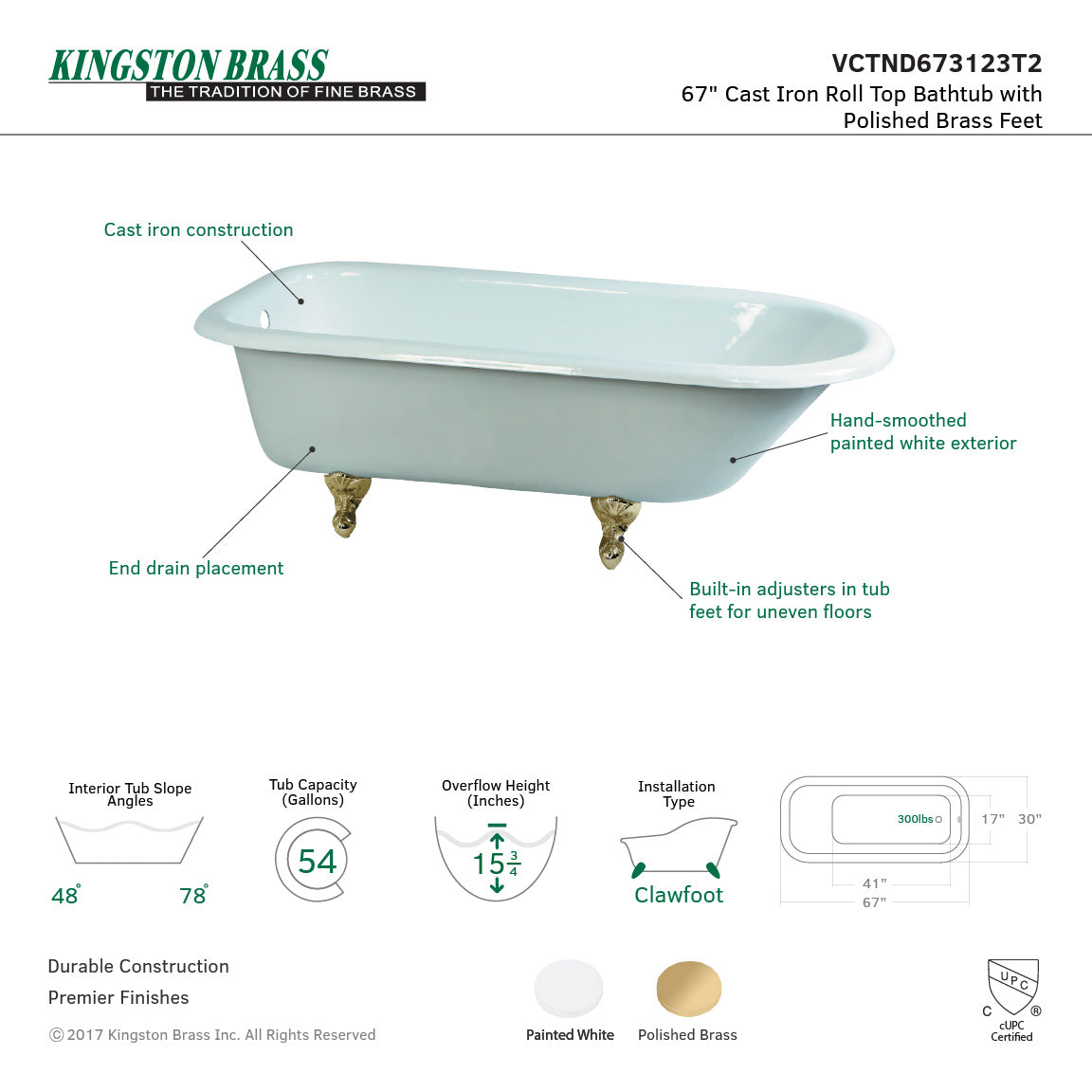 Aqua Eden VCTND673123T2 66-Inch Cast Iron Roll Top Clawfoot Tub (No Faucet Drillings), White/Polished Brass