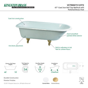 Aqua Eden VCTND673123T2 66-Inch Cast Iron Roll Top Clawfoot Tub (No Faucet Drillings), White/Polished Brass