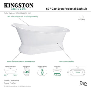 Aqua Eden VCTND673128 67-Inch Cast Iron Single Slipper Pedestal Tub (No Faucet Drillings), White
