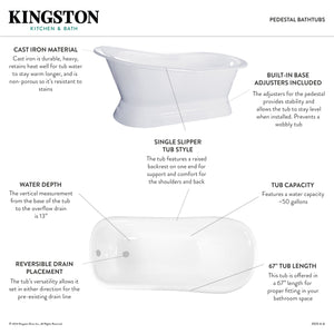 Aqua Eden VCTND673128 67-Inch Cast Iron Single Slipper Pedestal Tub (No Faucet Drillings), White