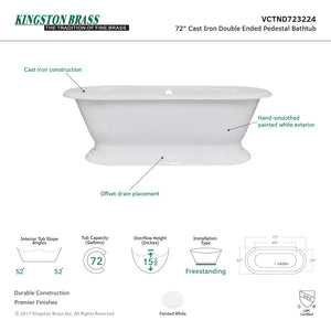 Aqua Eden VCTND723224 72-Inch Cast Iron Double Ended Pedestal Tub (No Faucet Drillings), White