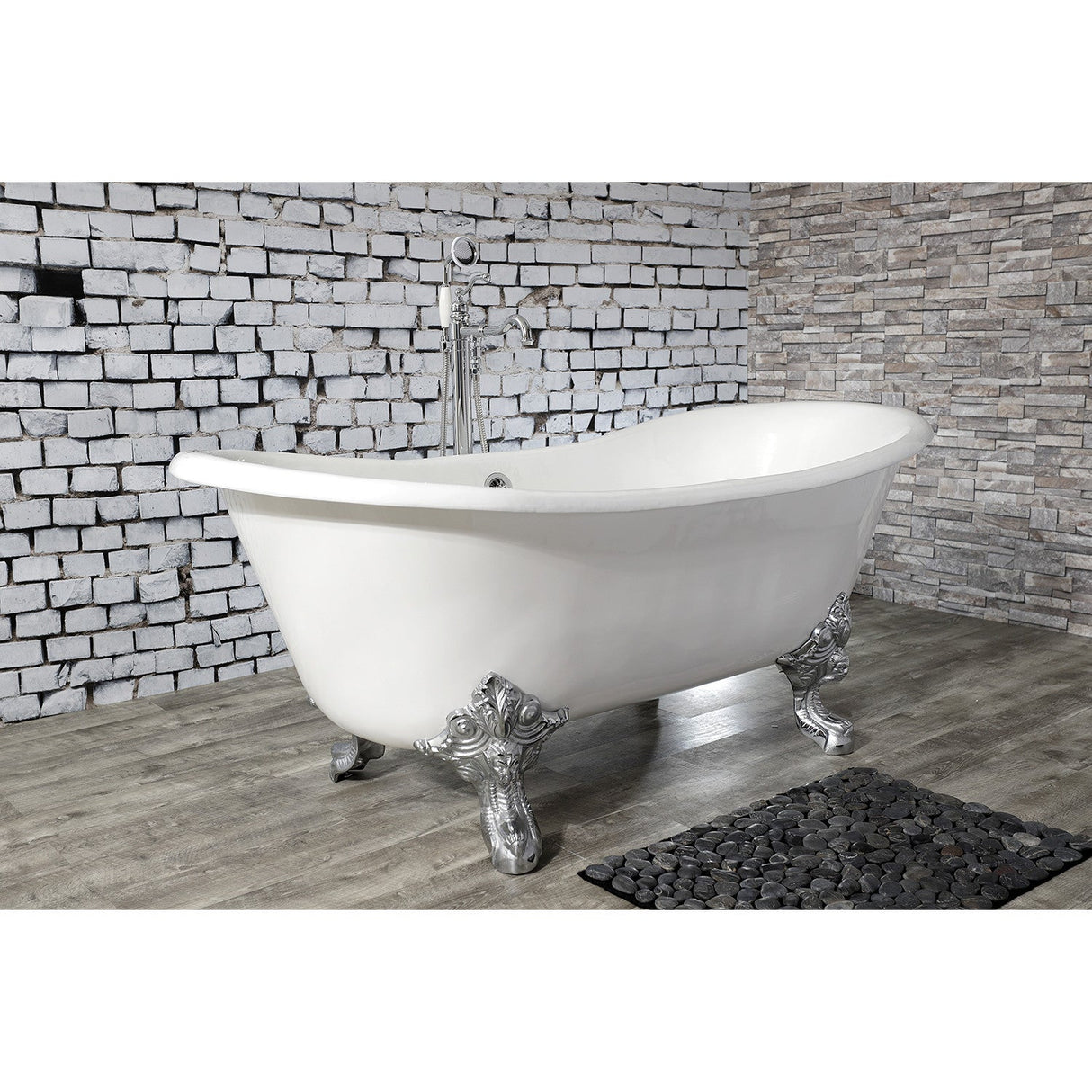 Aqua Eden VCTNDS6731NL1 67-Inch Cast Iron Double Slipper Clawfoot Tub (No Faucet Drillings), White/Polished Chrome