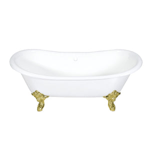 Aqua Eden VCTNDS7231NL2 72-Inch Cast Iron Double Slipper Clawfoot Tub (No Faucet Drillings), White/Polished Brass