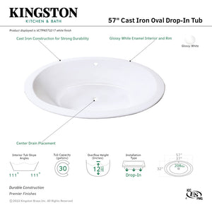 Aqua Eden VCTPN573217 57-Inch Cast Iron Oval Drop-In Tub with Center Drain Hole, White