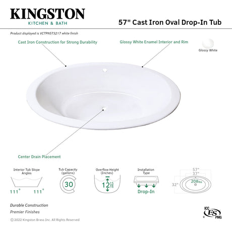 Aqua Eden VCTPN573217 57-Inch Cast Iron Oval Drop-In Tub with Center Drain Hole, White