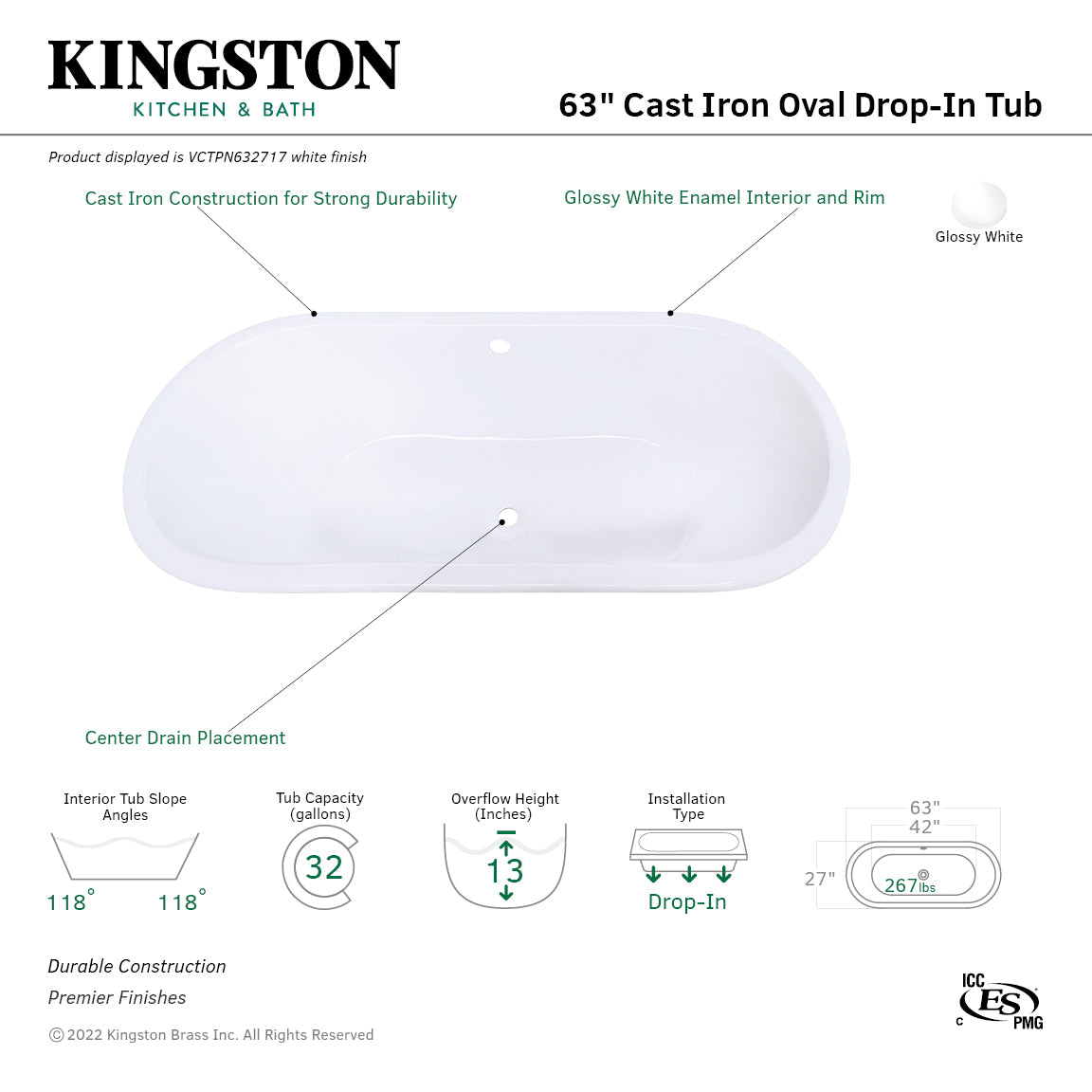 Aqua Eden VCTPN632717 63-Inch Cast Iron Oval Drop-In Tub with Center Drain Hole, White