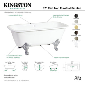 Aqua Eden VCTQ7D6732NL2 67-Inch Cast Iron Double Ended Clawfoot Tub with 7-Inch Faucet Drillings, White/Polished Brass