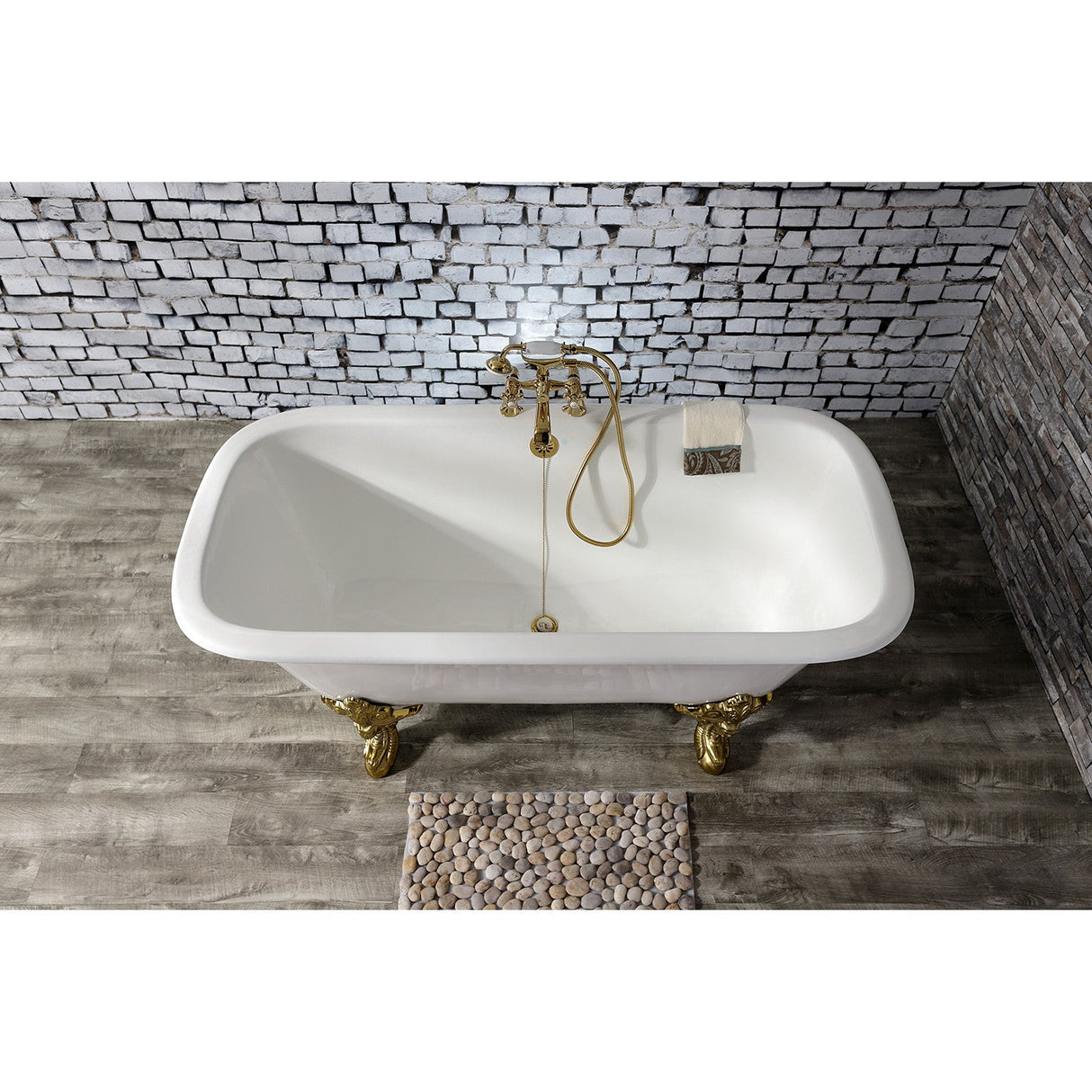 Aqua Eden VCTQ7D6732NL2 67-Inch Cast Iron Double Ended Clawfoot Tub with 7-Inch Faucet Drillings, White/Polished Brass