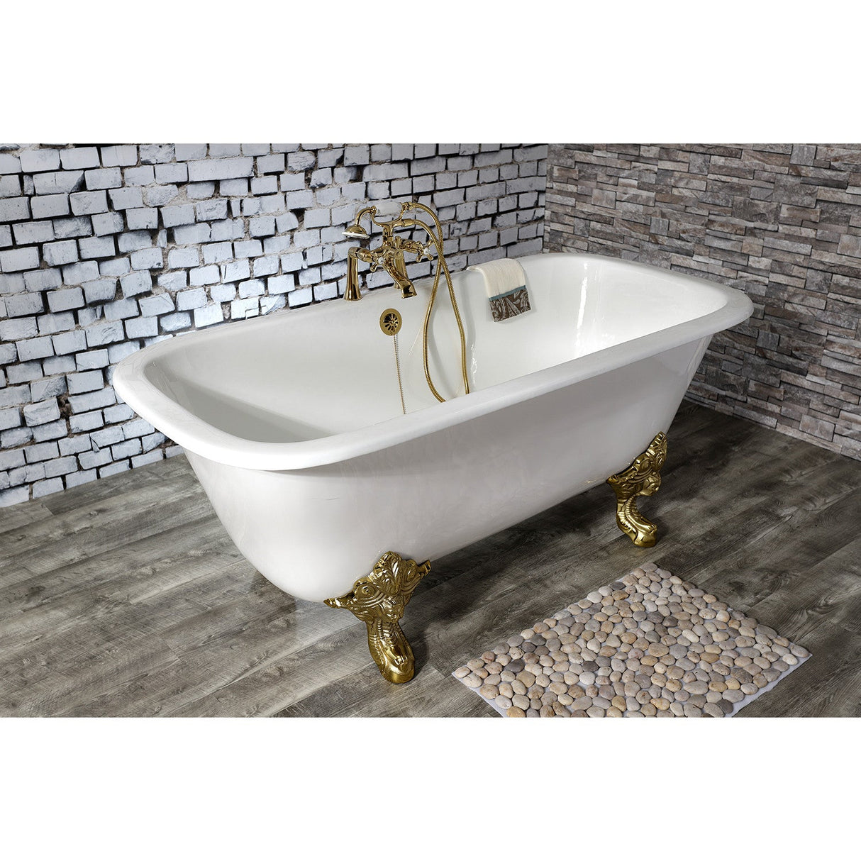 Aqua Eden VCTQ7D6732NL2 67-Inch Cast Iron Double Ended Clawfoot Tub with 7-Inch Faucet Drillings, White/Polished Brass