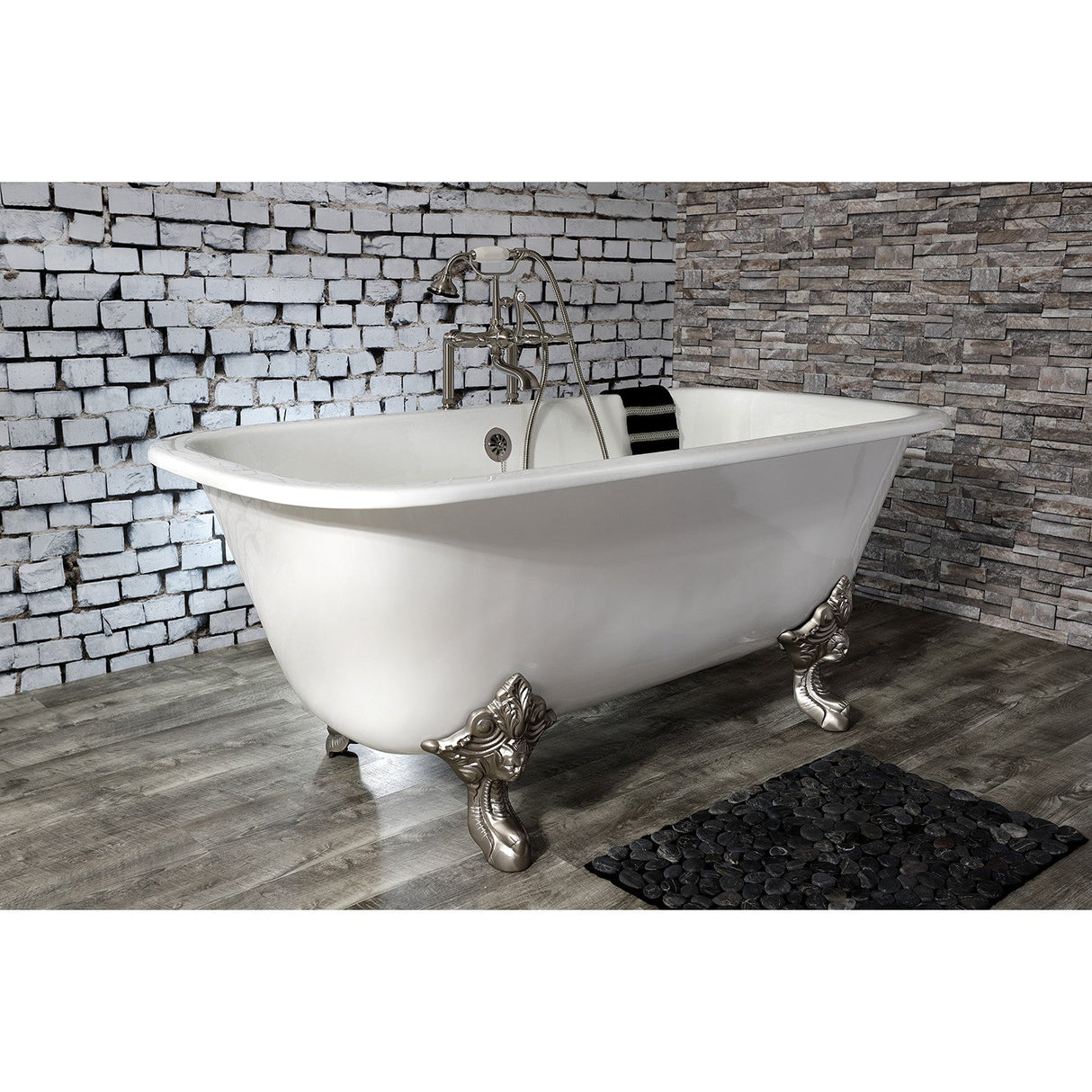 Aqua Eden VCTQ7D6732NL8 67-Inch Cast Iron Double Ended Clawfoot Tub with 7-Inch Faucet Drillings, White/Brushed Nickel