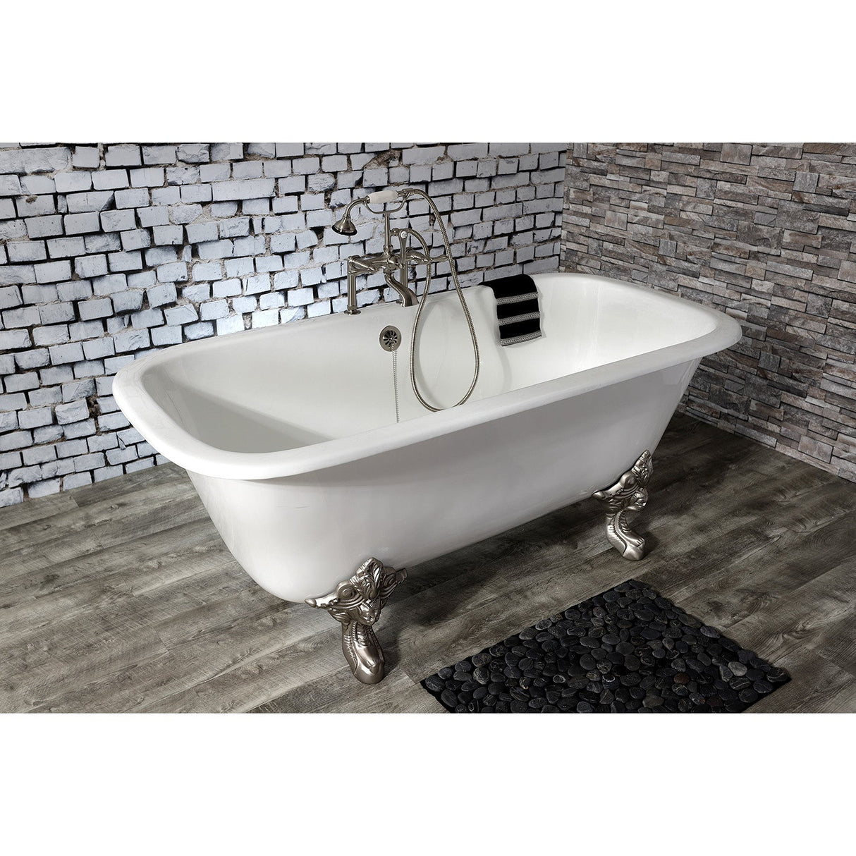 Aqua Eden VCTQ7D6732NL8 67-Inch Cast Iron Double Ended Clawfoot Tub with 7-Inch Faucet Drillings, White/Brushed Nickel