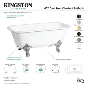 Aqua Eden VCTQND6732NL8 67-Inch Cast Iron Double Ended Clawfoot Tub (No Faucet Drillings), White/Brushed Nickel