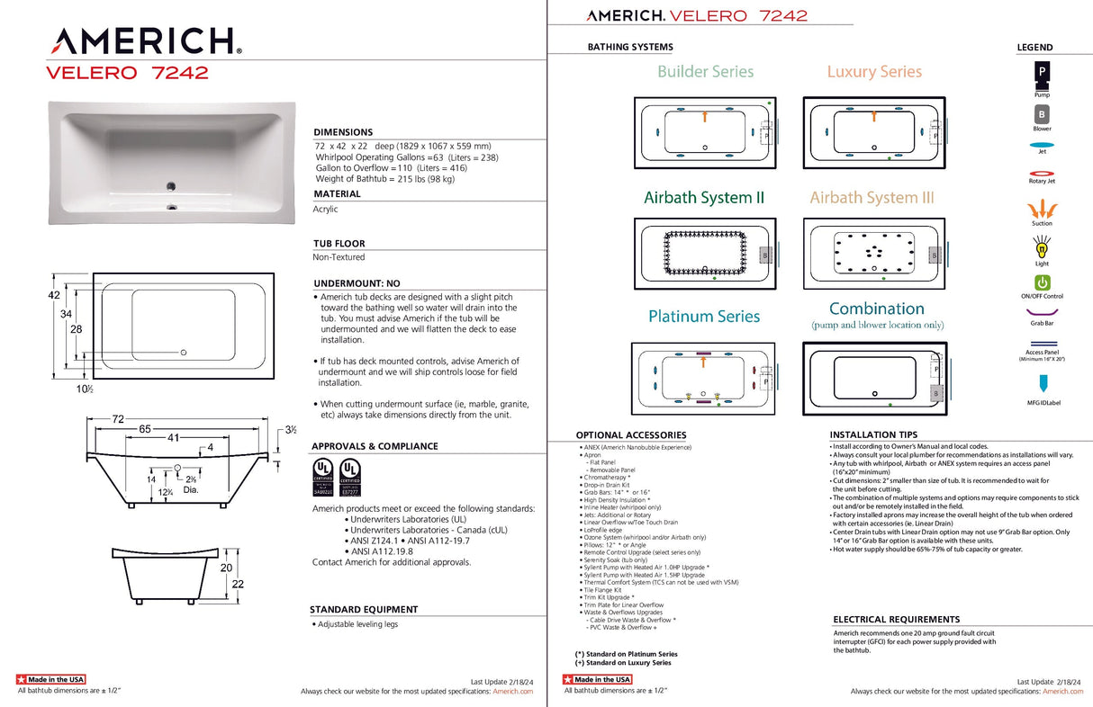 Americh VL7242TA2-WH Velero 7242 - Tub Only / Airbath 2 - White