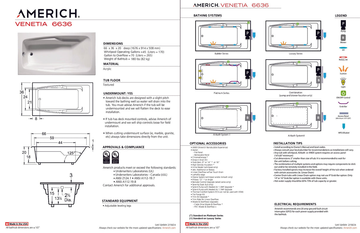 Americh VE6636TA5-BI Venetia 6636 - Tub Only / Airbath 5 - Biscuit