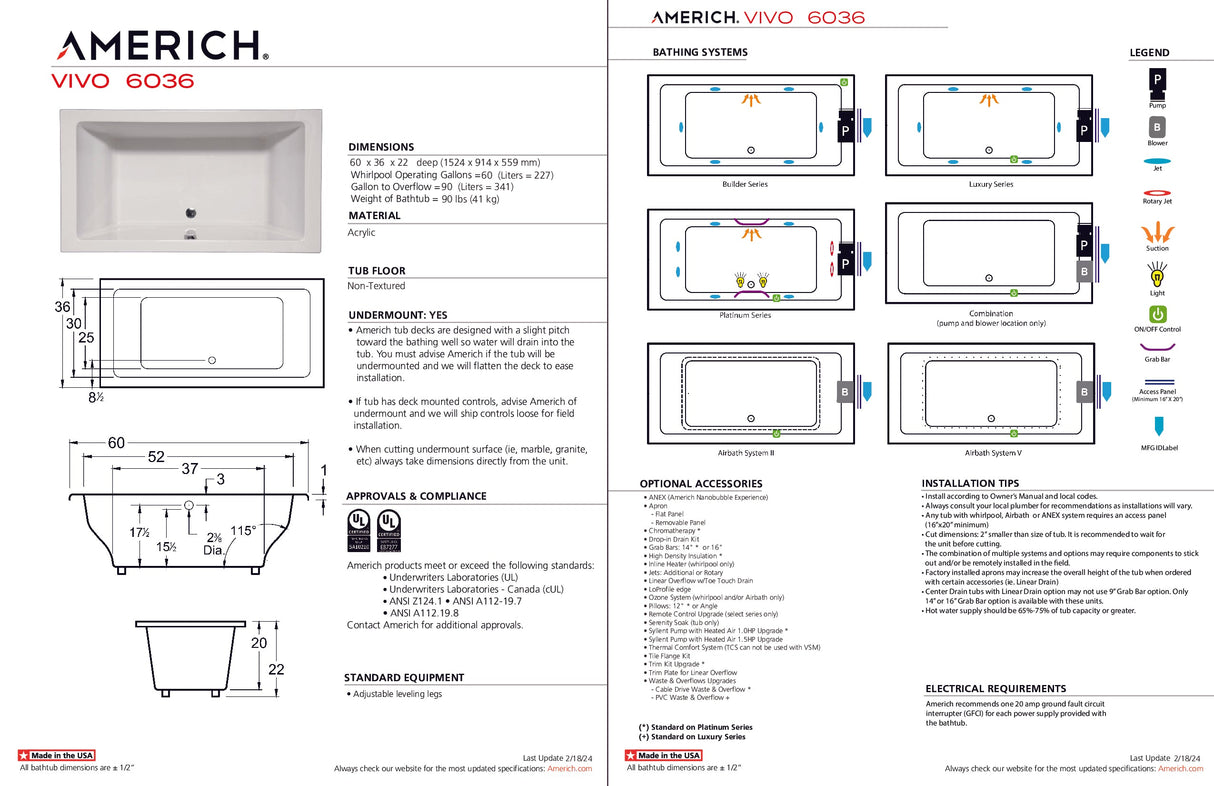 Americh VO6036TA5-BI Vivo 6036 - Tub Only / Airbath 5 - Biscuit