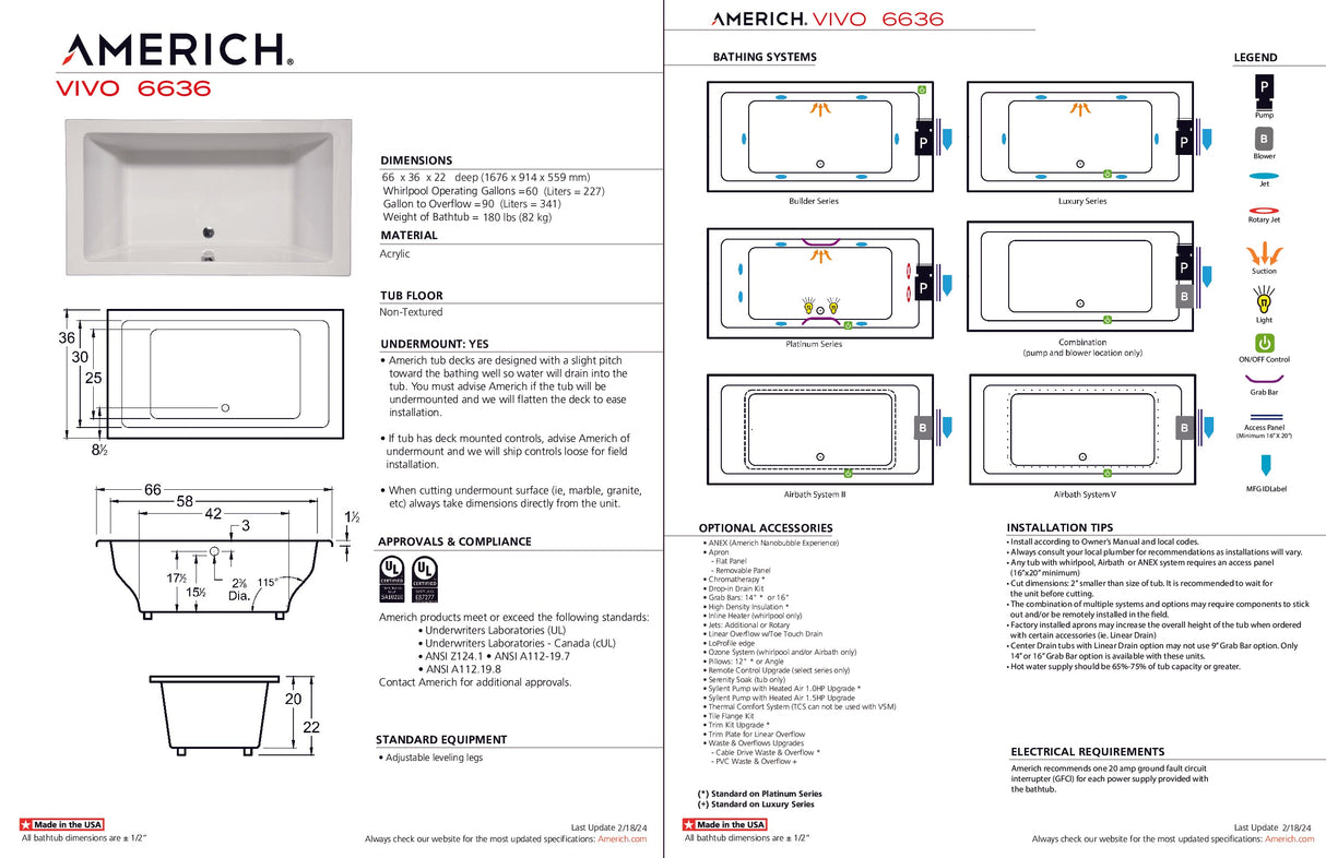Americh VO6636TA5-BI Vivo 6636 - Tub Only / Airbath 5 - Biscuit