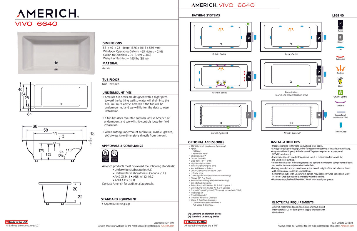 Americh VO6640TA5-BI Vivo 6640 - Tub Only / Airbath 5 - Biscuit