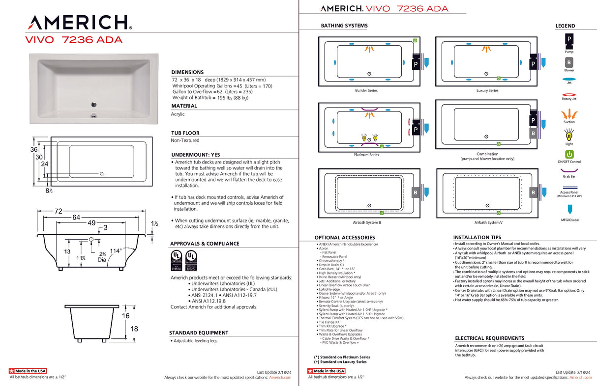 Americh VO7236ADATA5-BI Vivo 7236 ADA - Tub Only / Airbath 5 - Biscuit