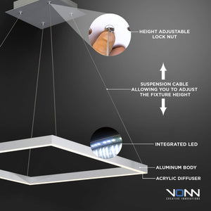 VONN Atria VMC31620AL 20" Integrated LED ETL Certified Pendant, Height Adjustable Chandelier in Silver