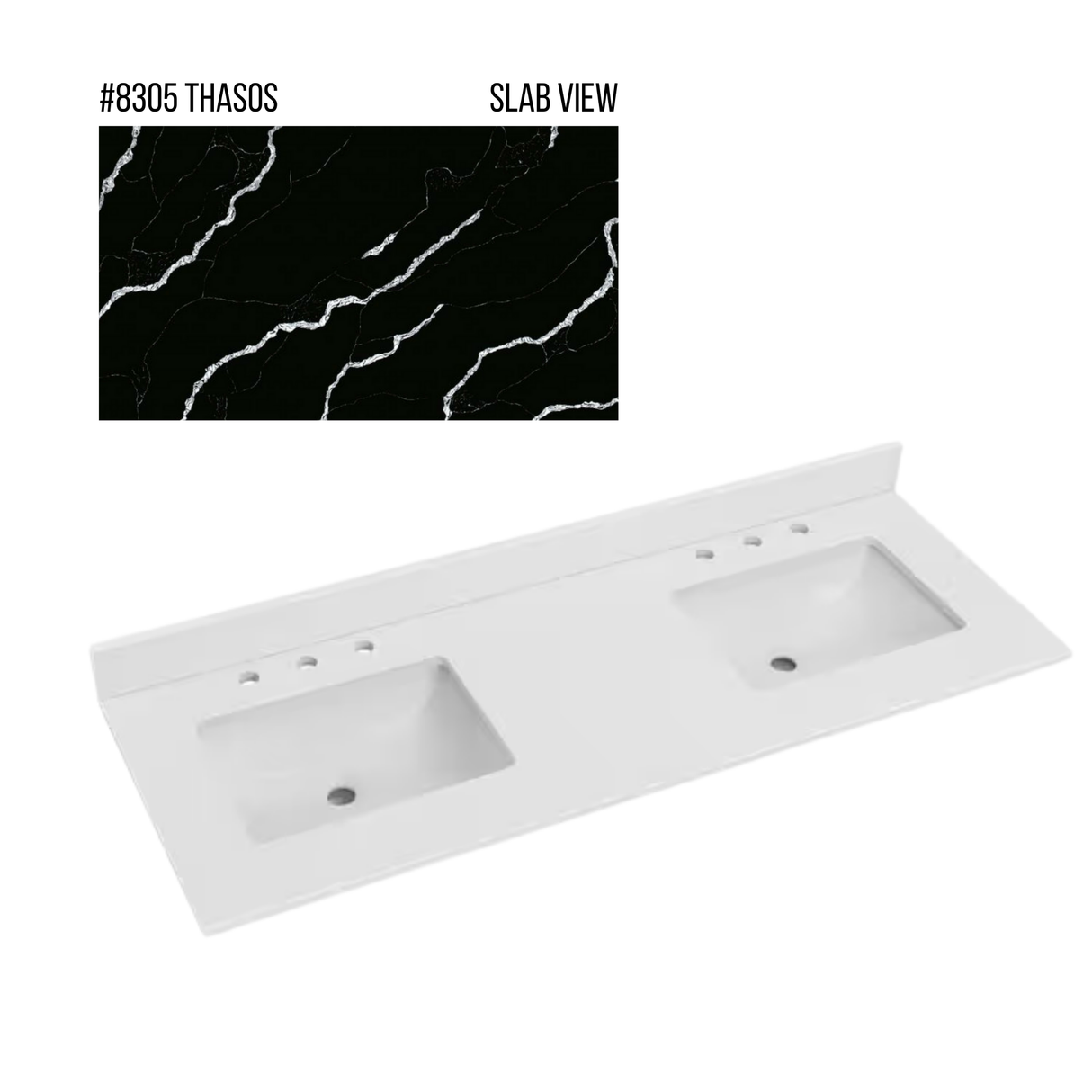 New England Home Goods 61" x 22" Quartz Double Bowl Vanity Top with Blacksplash