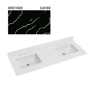 New England Home Goods 61" x 22" Quartz Double Bowl Vanity Top with Blacksplash