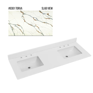 New England Home Goods 61" x 22" Quartz Double Bowl Vanity Top with Blacksplash