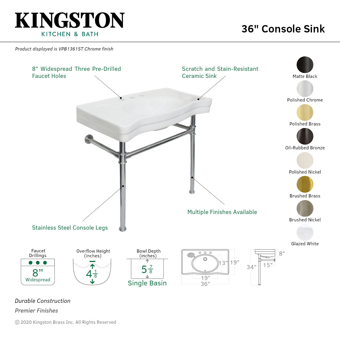 Imperial VPB1361ST Ceramic Console Sink with Stainless Steel Legs, White/Polished Chrome