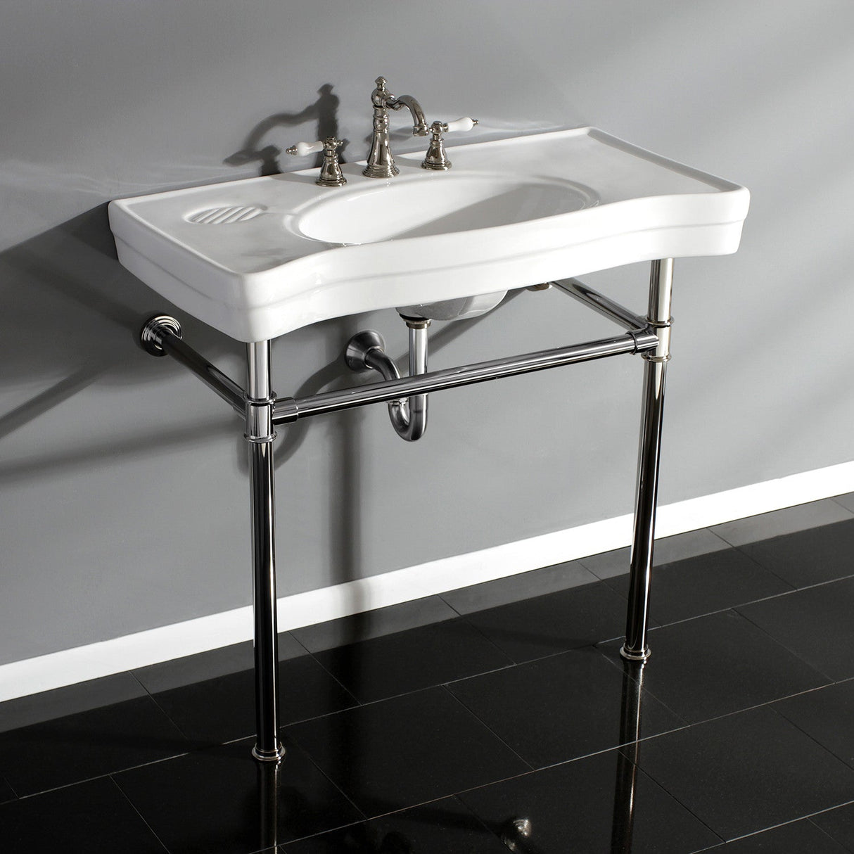 Imperial VPB1366ST Ceramic Console Sink with Stainless Steel Legs, White/Polished Nickel