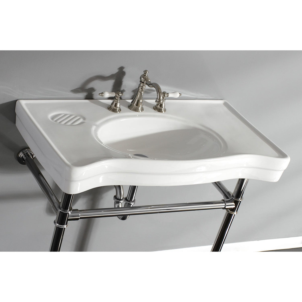 Imperial VPB1366ST Ceramic Console Sink with Stainless Steel Legs, White/Polished Nickel