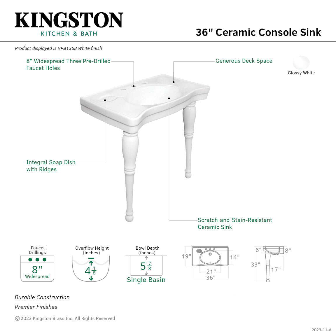 Imperial VPB1368 Ceramic Console Sink, White