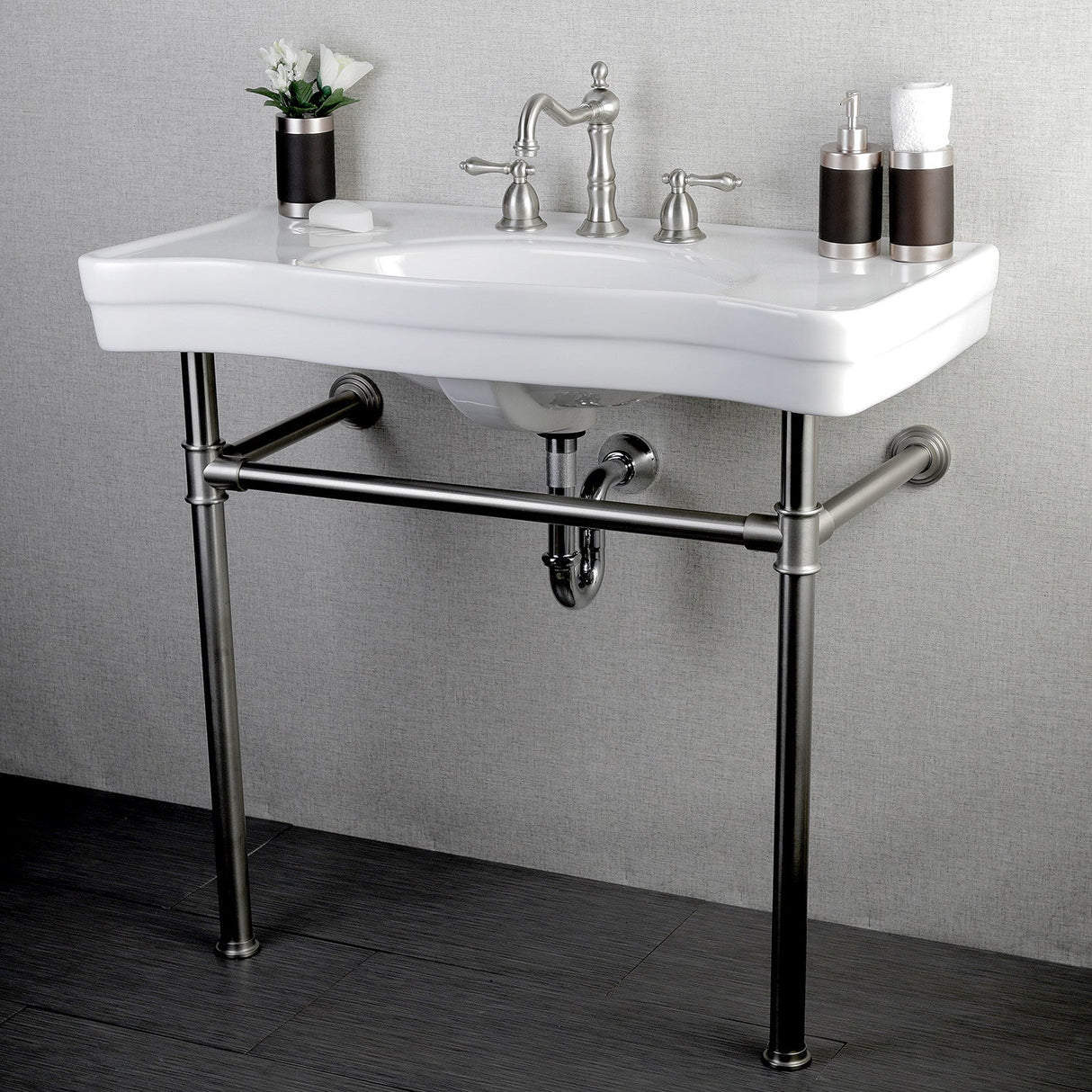 Imperial VPB1368ST Ceramic Console Sink with Stainless Steel Legs, White/Brushed Nickel