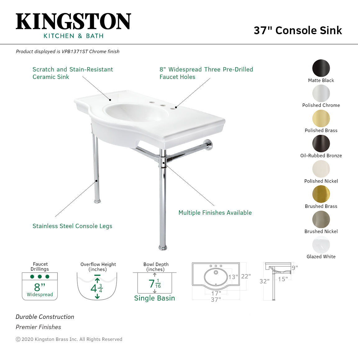 Templeton VPB1372ST Console Sink, White/Polished Brass