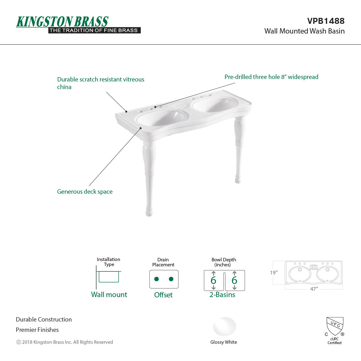 Imperial VPB1488 Ceramic Double Bowl Console Sink, White