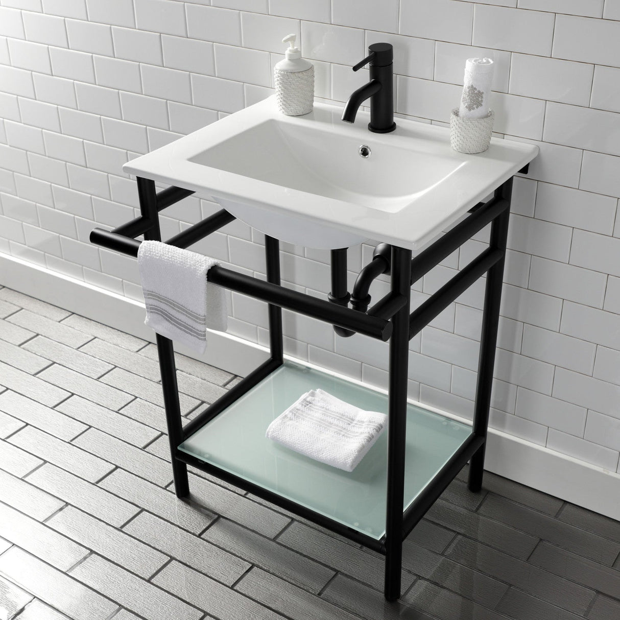 Fauceture VPB24187W10 24-Inch Ceramic Console Sink Set, White/Matte Black