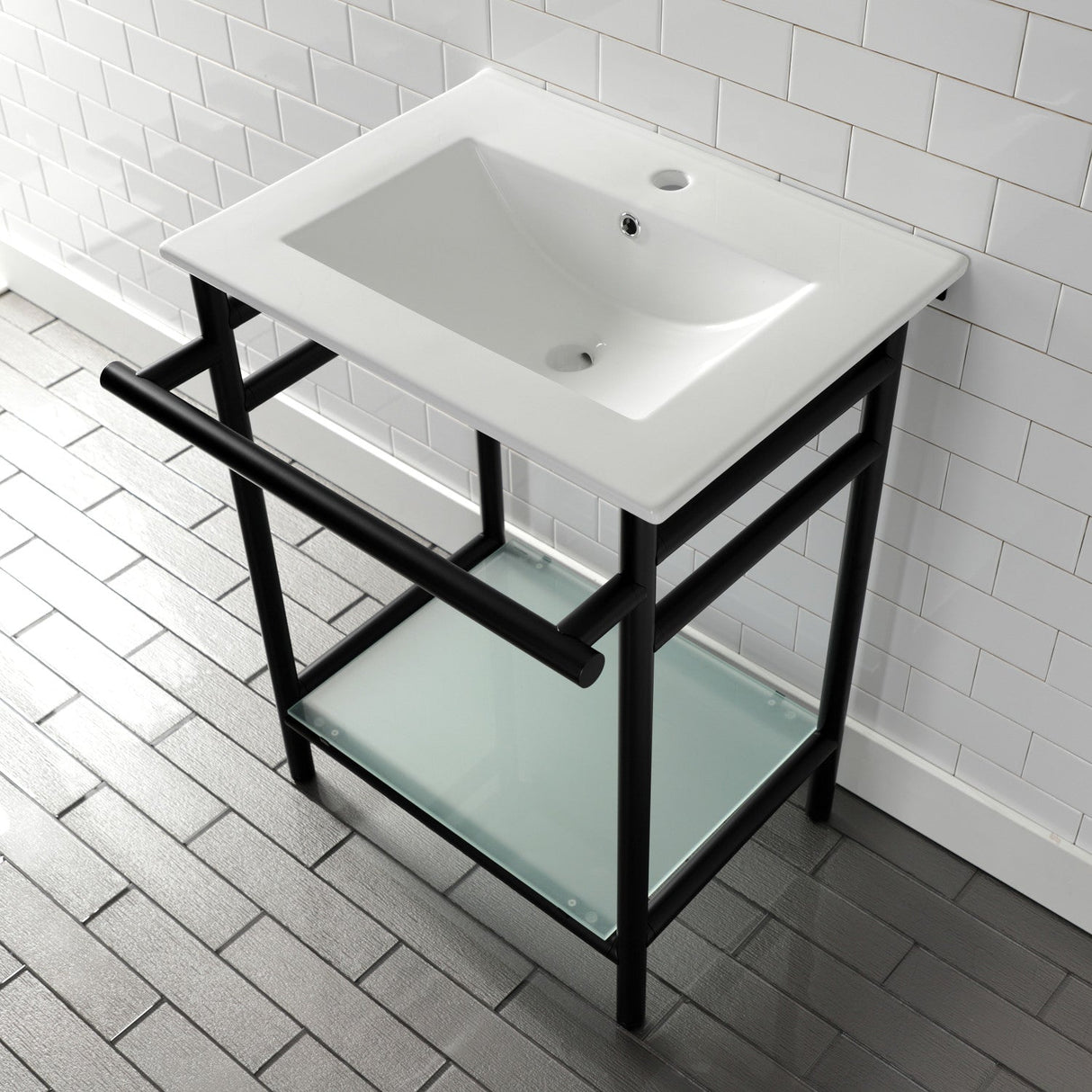 Fauceture VPB24187W10 24-Inch Ceramic Console Sink Set, White/Matte Black