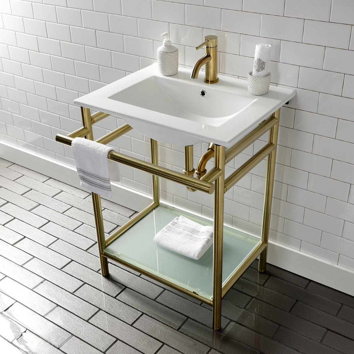 Fauceture VPB24187W17 24-Inch Ceramic Console Sink Set, White/Brushed Brass