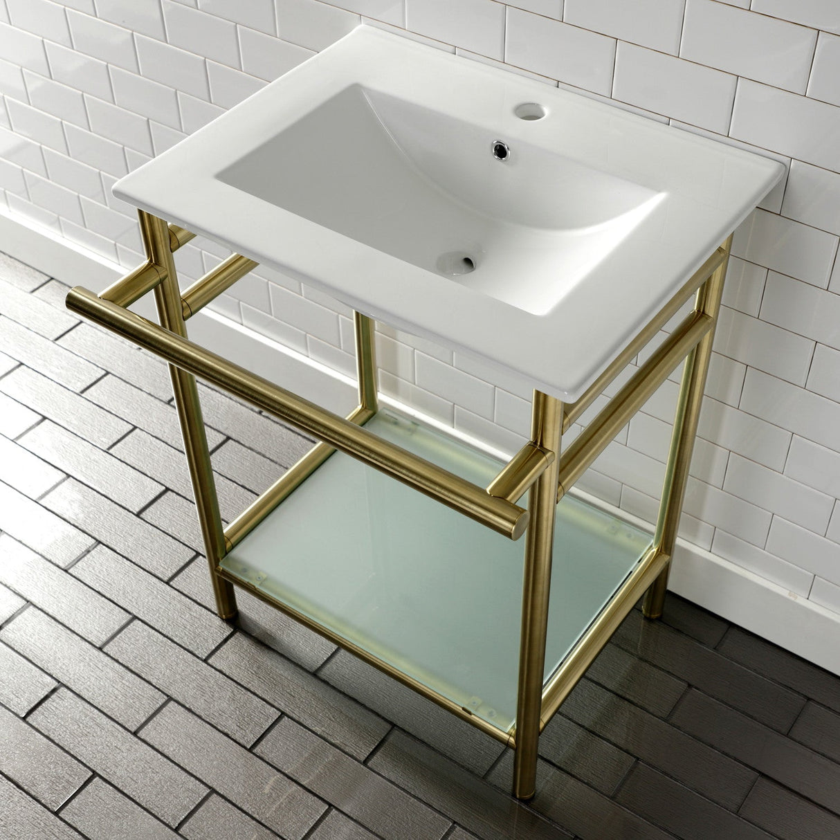 Fauceture VPB24187W17 24-Inch Ceramic Console Sink Set, White/Brushed Brass