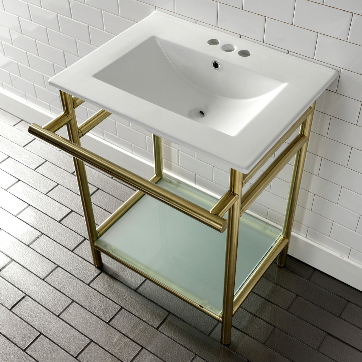 Fauceture VPB24187W47 24-Inch Ceramic Console Sink Set, White/Brushed Brass