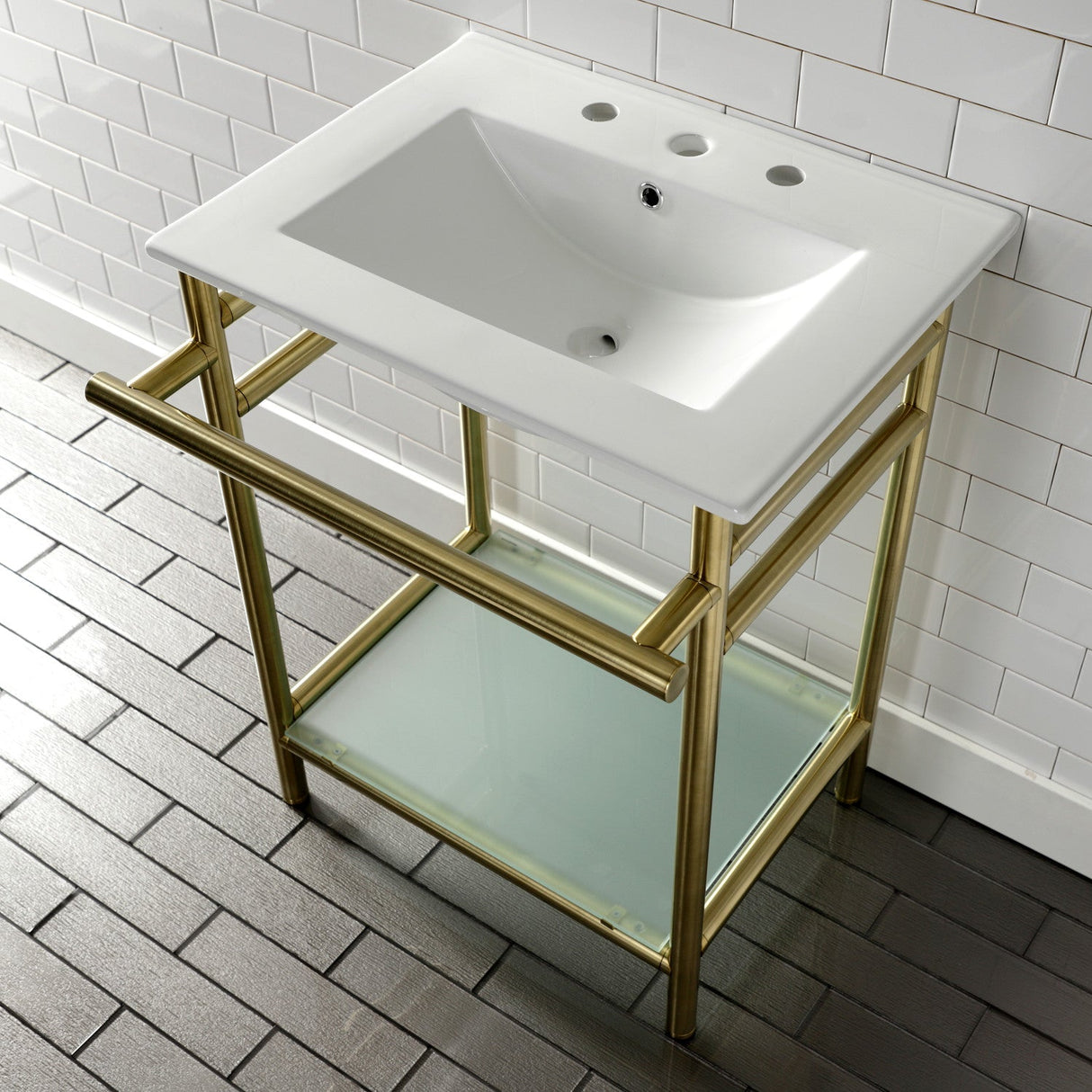 Fauceture VPB24187W87 24-Inch Ceramic Console Sink Set, White/Brushed Brass