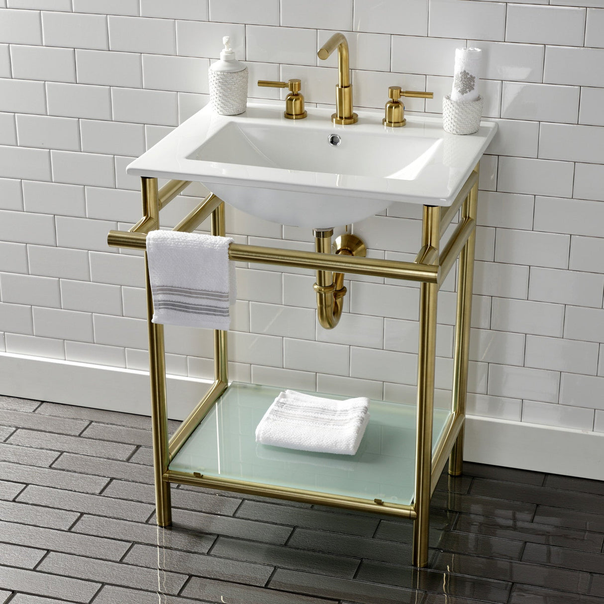 Fauceture VPB24187W87 24-Inch Ceramic Console Sink Set, White/Brushed Brass